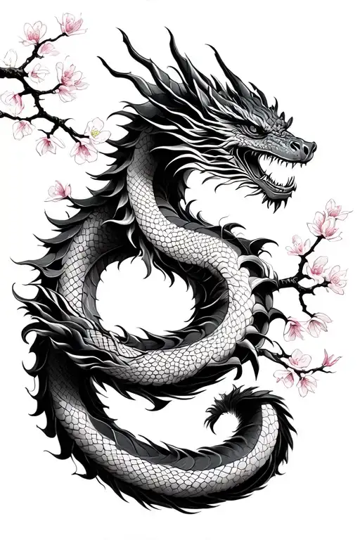 Dragon Wrapped Around Cherry Blossom Tree