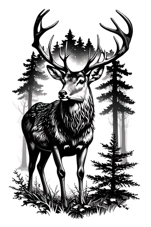 Deer With Antlers Standing In A Forest