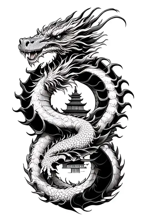 Dragon Wrapping Around Japanese Tower