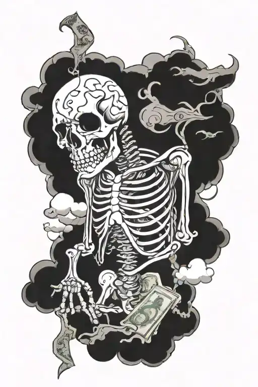 Praying Skeleton With Clouds And Cash Filled