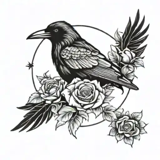 Raven And Roses With Moon