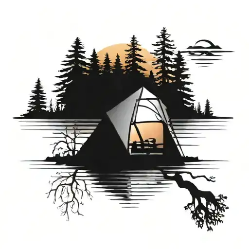 Tent Surrounded By Trees Colors Sunset Over Lake Reflecting