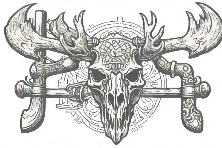 Moose Skull With Crossed Sledge Hammer And Double Bit Axe