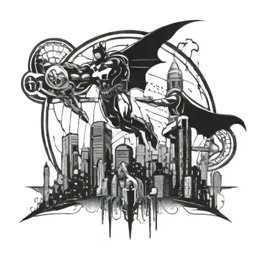 A Futuristic Cityscape With Superheroes Flying Overhead
