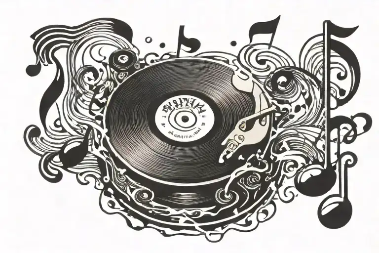 A Vynyl Records And Disk With Melting Musical Notes Floating