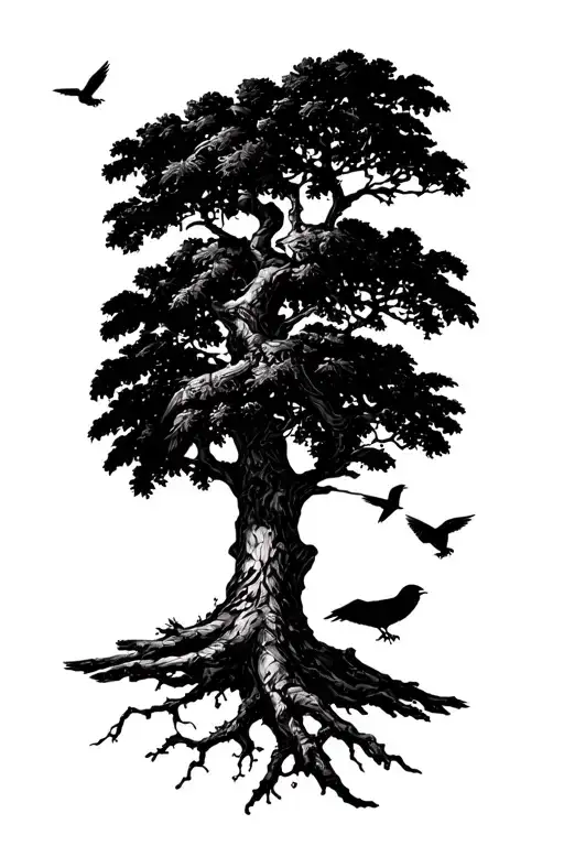 Oak Tree With 3 Crows Flying