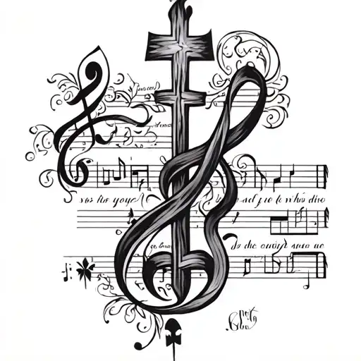 A Tattoo Of A Music Sheet With Lyrics From A Favorite Song Intertwined With Religious Symbols