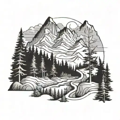 Path Through Mountains And Forest Scene