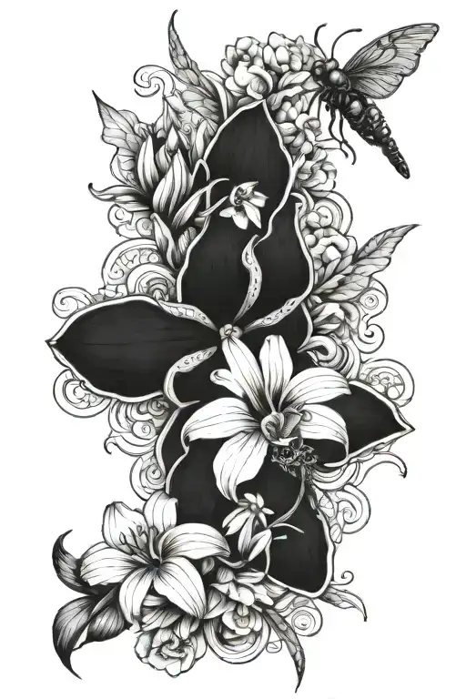 Scorpion And Dragonfly And Cattleya Flower