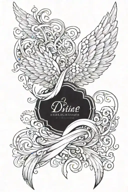 Detail Angel Wings With Swirls The Words Divinitus Protegere Vertically On Top Of The Wings