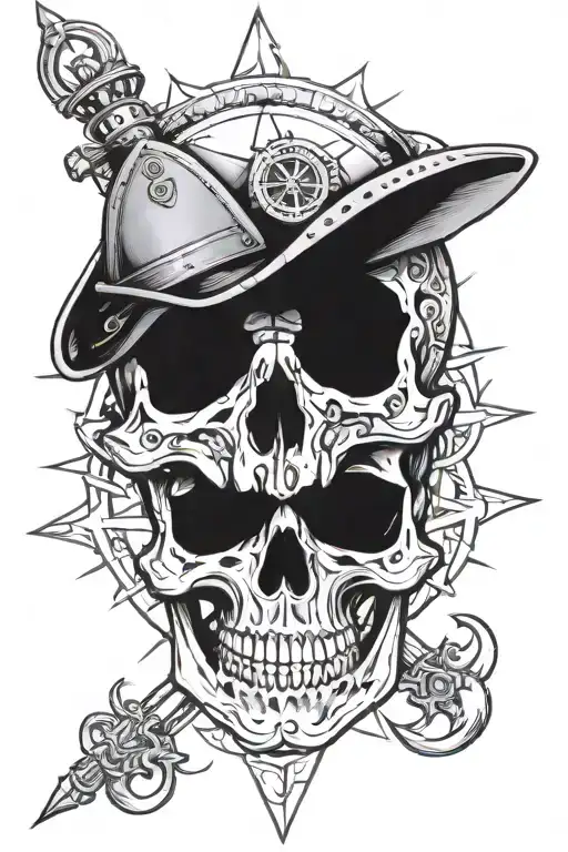 A Skull Conquistador With A Compass Rose And Anchor Around Him