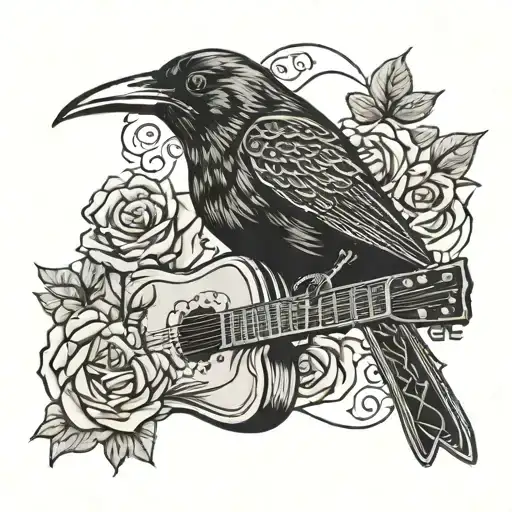Black Bird Next To Rose And Accoustic Guitar
