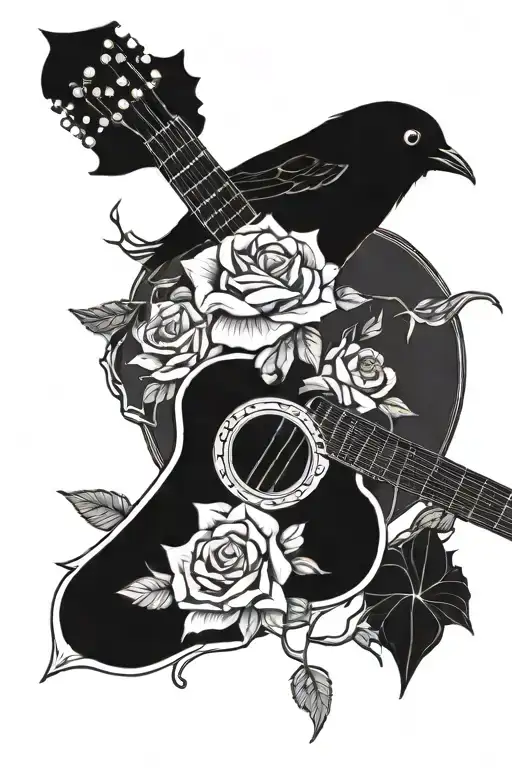 Black Bird Next To Rose And Accoustic Guitar