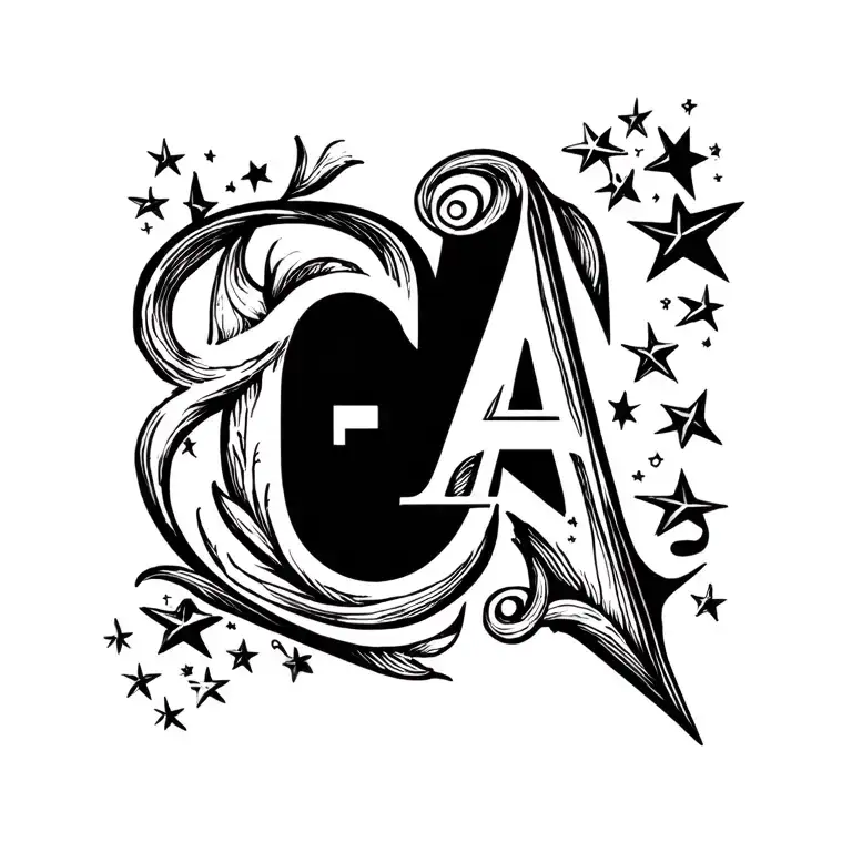 Letters E And A With Stars And Curve Lines Like Decoration