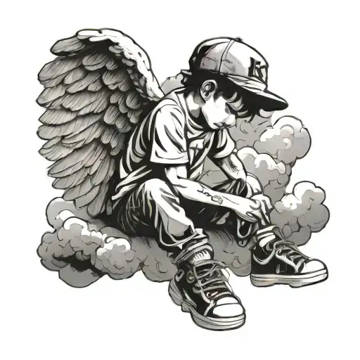 Boy With Angel Wings Sitting On A Cloud With His Head Down And Letter K On His Cap