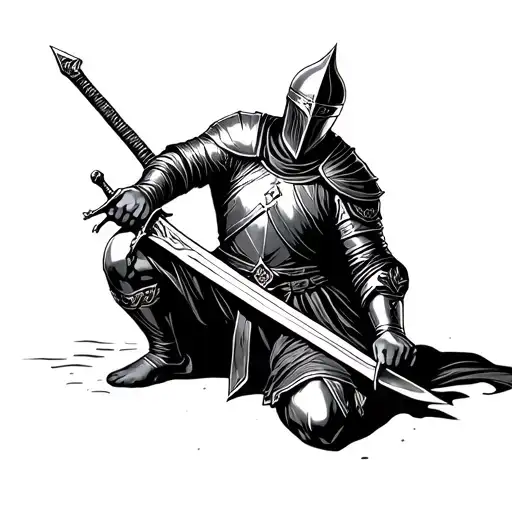 Templar Knight Kneeling With Sword In Hand