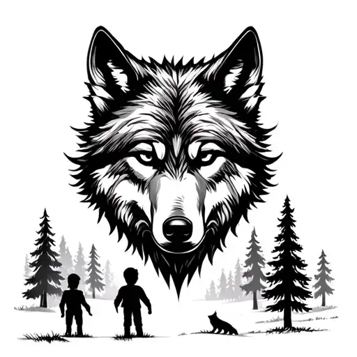 Wolf Head In Front Of Forest Scene With Little Boy In Front Of Them
