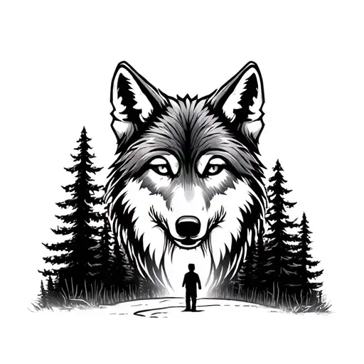 Wolf Head In Front Of Forest Scene With Little Boy In Front Of Them