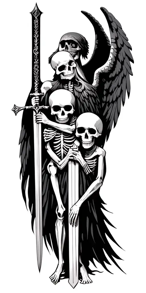 Skeletons And Angel Holding A Sword