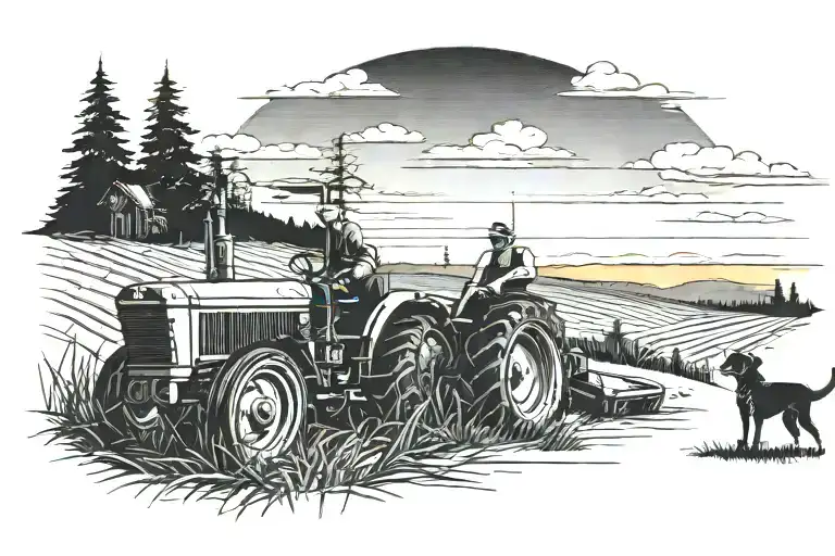 Back And White Sunset With Tractor And Dog Sitting Infront