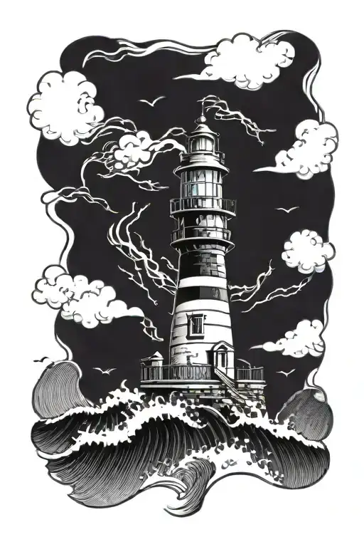 A Lighthouse Against The Backdrop Of A Storm With High Waves Crashing Against It