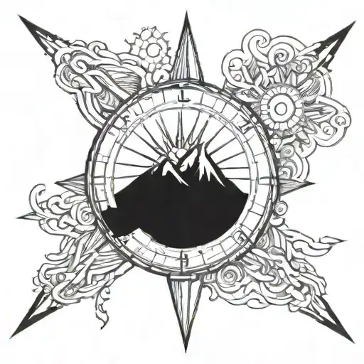 Sun And Compass With Mountains