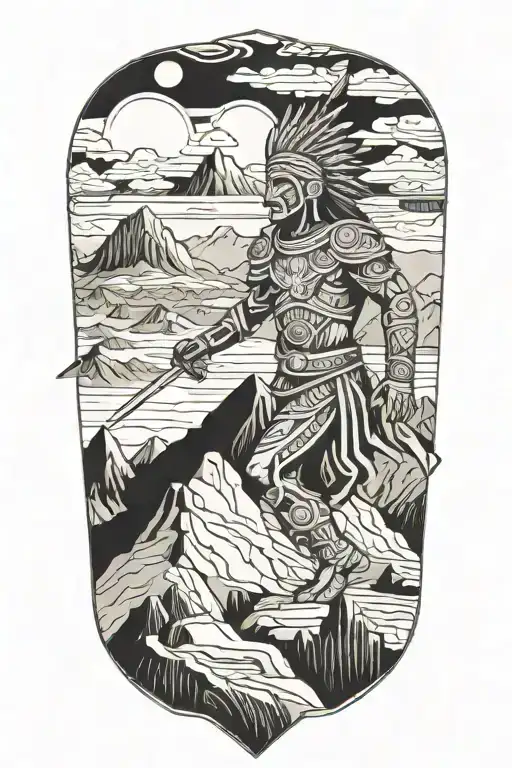 Historical Aztec Warrior In A Mountain Landscape