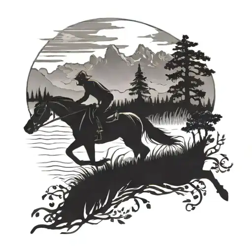 A Silhouette Of A Runner With A Horse Running Alongside In A Scenic Nature Setting