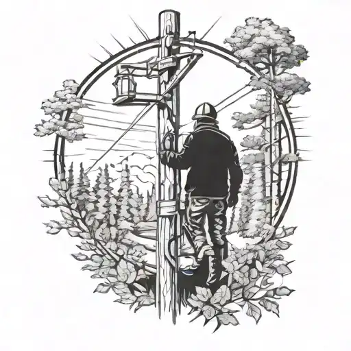Lineman In Pole In Wooded Area With Two Roads Passing Through