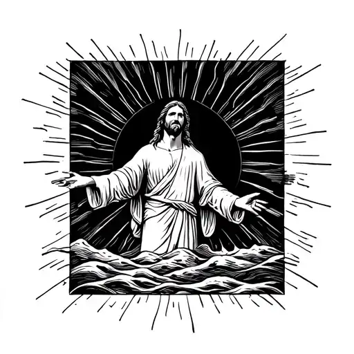 Jesus With Arms Out On Horizon Floating With Large Sun Rising In Backround
