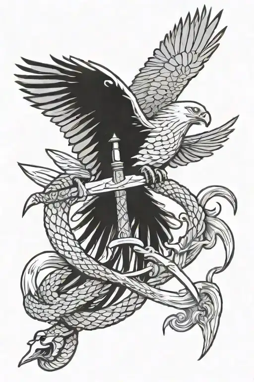Snake Wrapped Around A Sword While An Eagle Is Fighting It