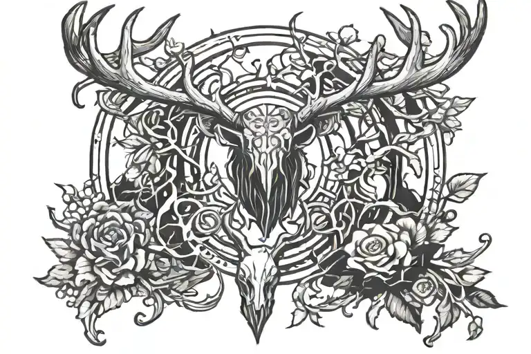 Vox Machina Tattoo With Antlers On Main Frame And Itens Representing The Others Characters