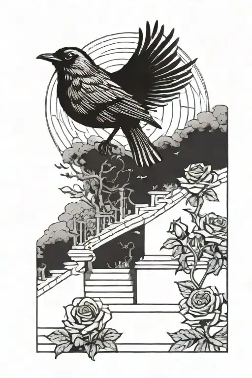 Stair Way To Heaven With A Robin Carrying A Rose