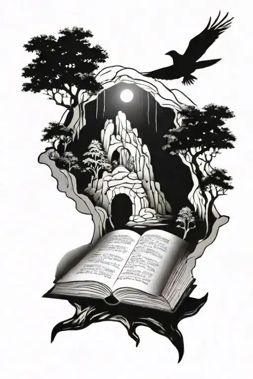 Open Book With A Cave And Surronding Forest Scene
