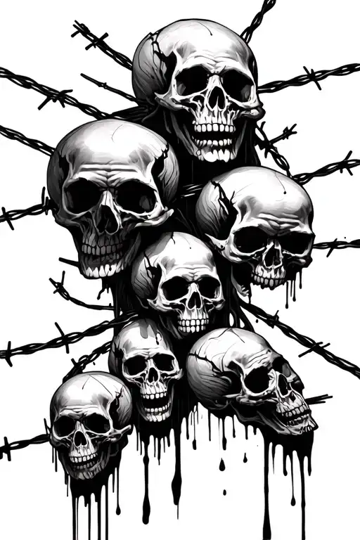 Several Lines Of Barbed Wire Intertwined With Small Human Skulls And Blood