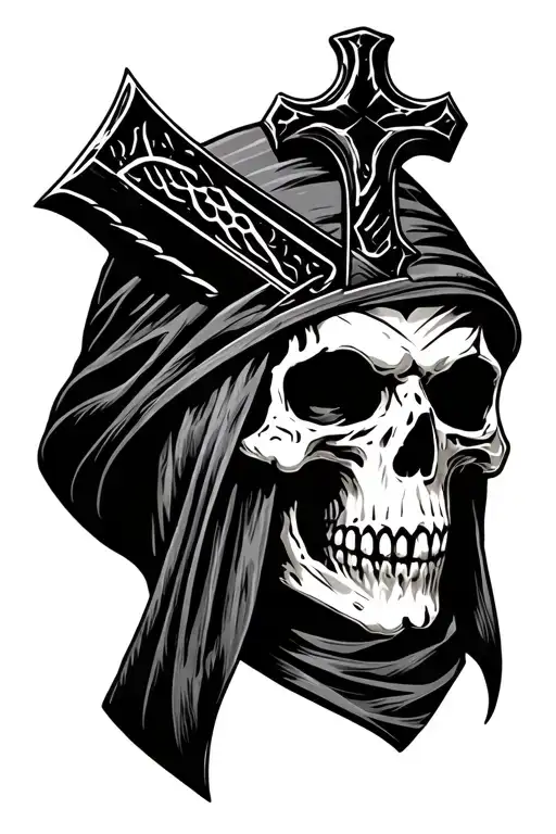 Grim Reaper Head With Cross Shaped Knife Through The Top Of His Skull