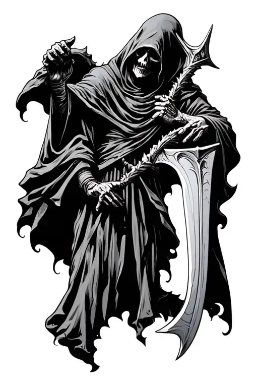 Grim Reaper Standing With Arm Outstretched Over Scyth