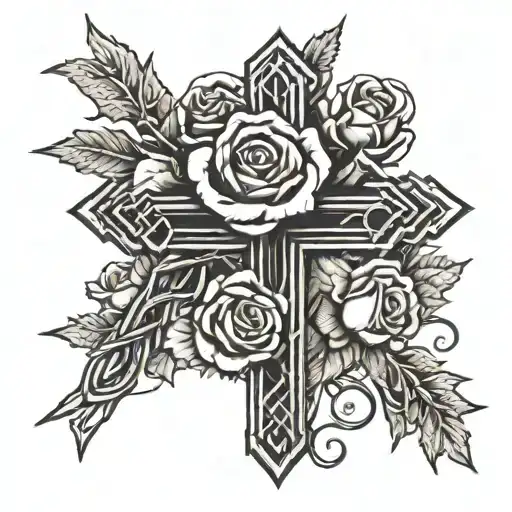 Barbed Wire Cross And Roses Blooming