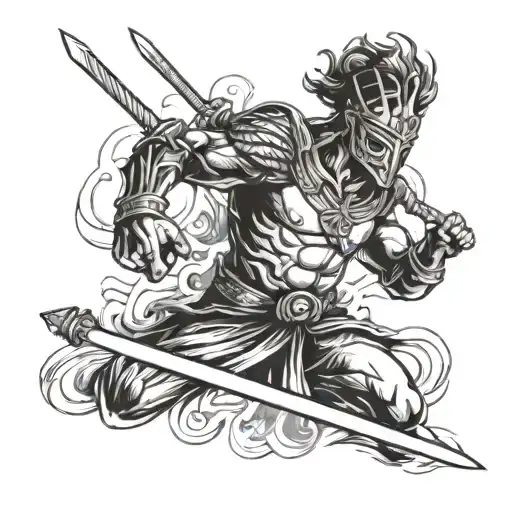 A Fierce Warrior Wielding A Sword In A Dynamic Fighting Pose