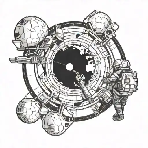 A Detailed Blackwork Tattoo Of A Construction Worker Framing A Planet In Space