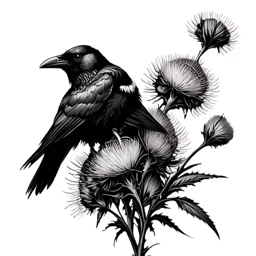 Raven Perched On Scottish Thistles