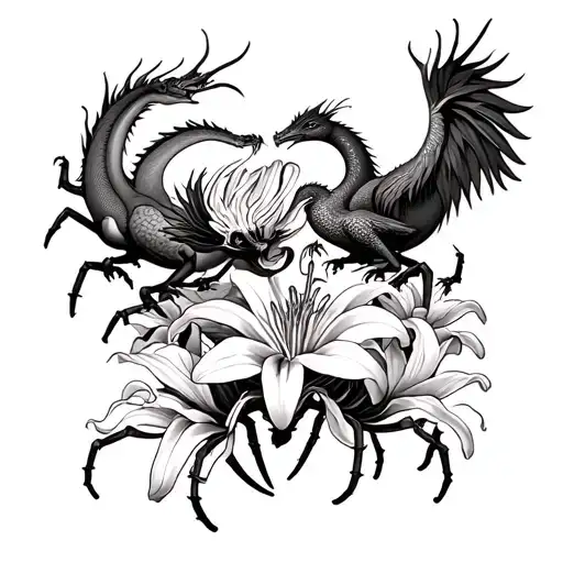 Spider Lily Flowers With A Dragon And A Phenix Fighting