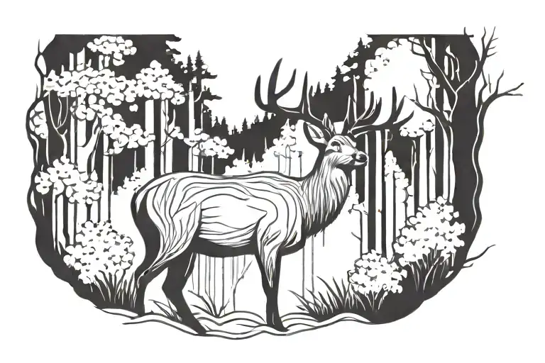 Deer In Wood Simple Line Drawing