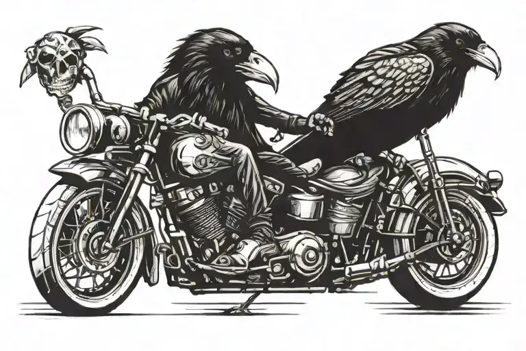 Raven Sitting On A Harley Bike With Skull Wearing