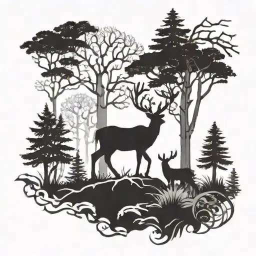 A Mystical Forest Scene With Hidden Deer Silhouettes