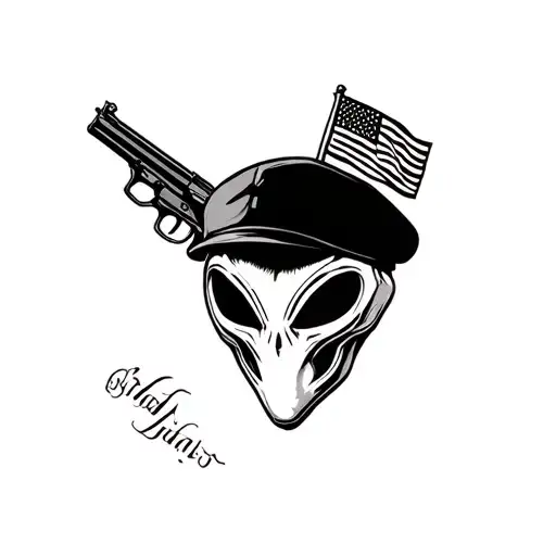 Alien's Face With Gun And Military Beret With Flag