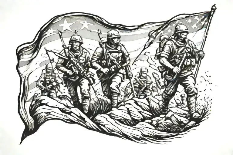 Multi Soldier Holding A Flag On A Hill