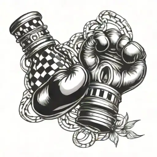 Thai Boxing Gloves Intertwined With Chess Pieces