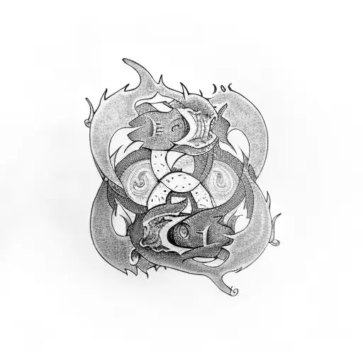 A Blackwork Tattoo Of A Shark And A Dragon Entwined In A Yin-yang Symbol