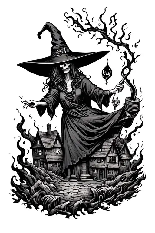 Skull Above A Witch Casting A Spell On A Village On Fire